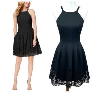 Vince Camuto High Neck Laser Cut Scuba Flare Pocket Dress LBD